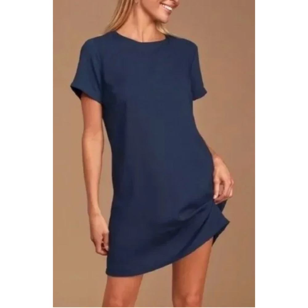 Lulus Women's Shift and Shout Navy Blue Shift Mini Dress Short Sleeves Size XS